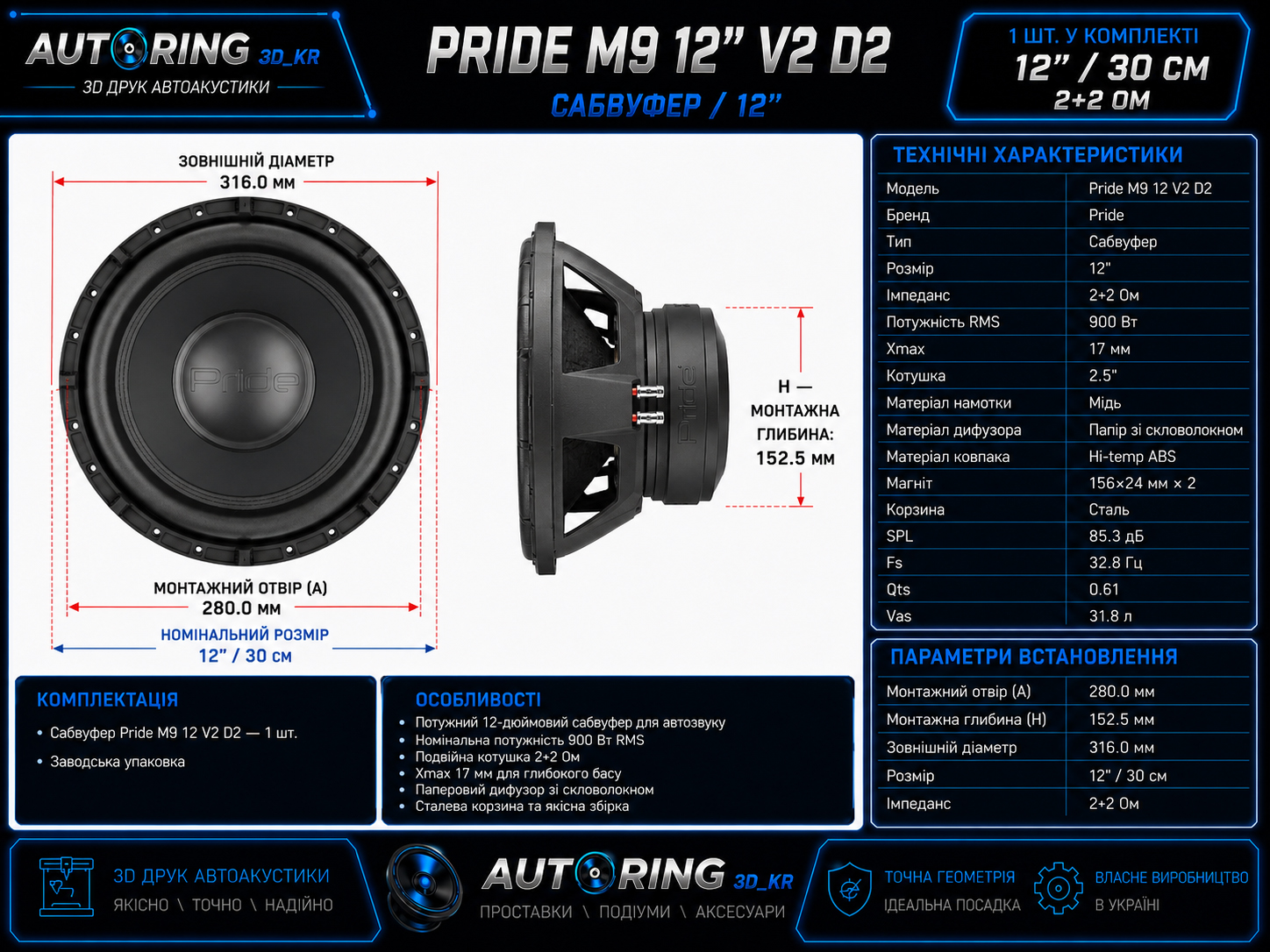 Розміри Pride M9 12 V2 D2